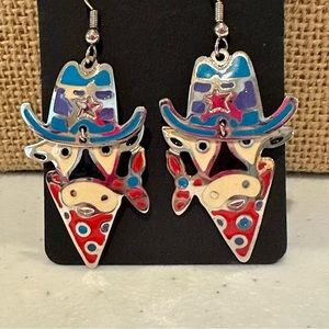 Vtg Edgar Berebi colorful cow enamel earrings articulated / cowboy hat & bandana
